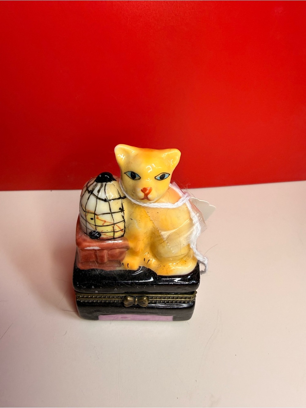Hand-Painted Yellow Cat Trinket Box with Birdcage Trinket Box